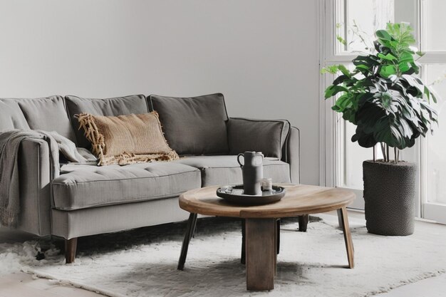 minimalist Scandinavianinspired living room with a plush gray sofa a wooden coffee table