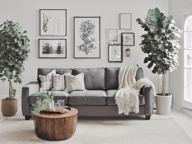 minimalist Scandinavianinspired living room with a plush gray sofa a wooden coffee table