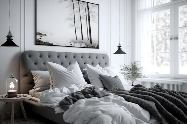 Minimalist Scandinavianstyle bedroom with bed and light pillows Generative AI