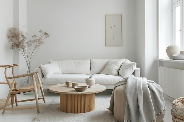 Photo a minimalist scandinavianstyle living room with white walls light wooden furniture and soft gray textiles