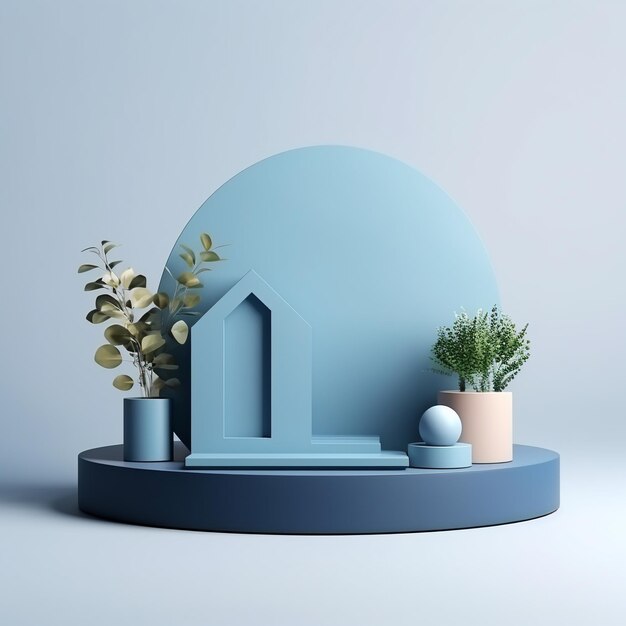 A minimalist scene of blue podium display with indoor concept