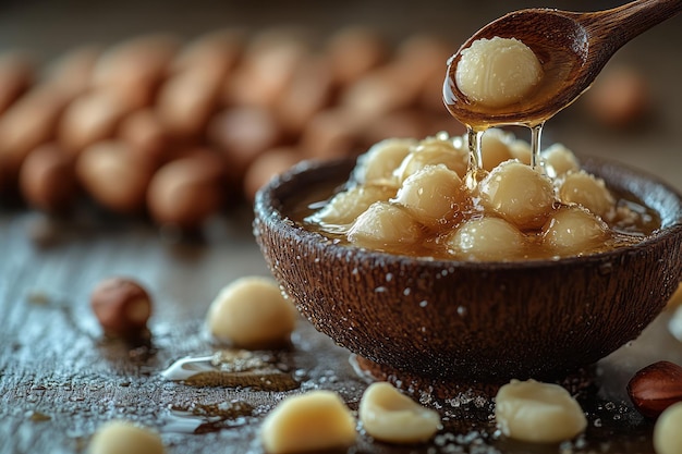 Photo a minimalist scene of a macadamia nut being squeezed to release macadamia oil