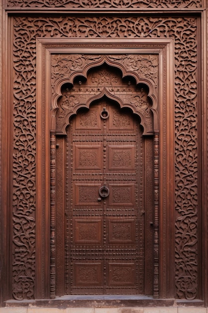 a minimalist scene of a single intricately carved wooden door panel from a traditional Pakistani ha