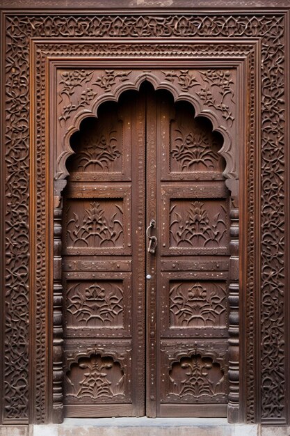 a minimalist scene of a single intricately carved wooden door panel from a traditional Pakistani ha