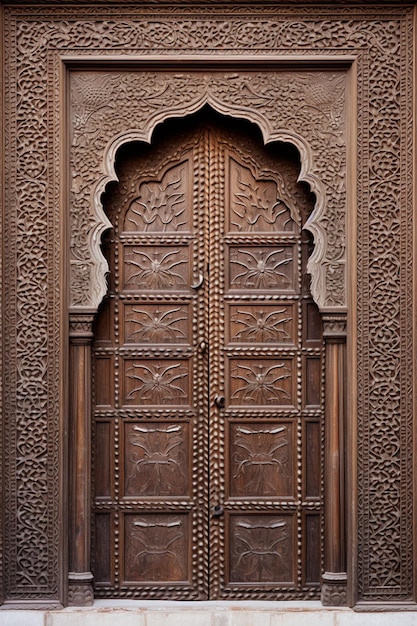 a minimalist scene of a single intricately carved wooden door panel from a traditional Pakistani ha