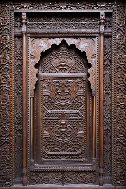 a minimalist scene of a single intricately carved wooden door panel from a traditional Pakistani ha