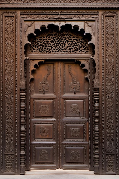 a minimalist scene of a single intricately carved wooden door panel from a traditional Pakistani ha