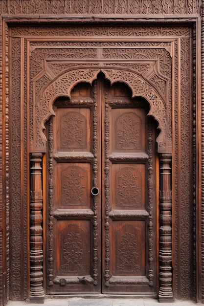 a minimalist scene of a single intricately carved wooden door panel from a traditional Pakistani ha