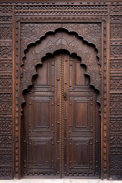 a minimalist scene of a single intricately carved wooden door panel from a traditional Pakistani ha