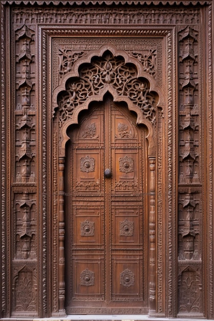 a minimalist scene of a single intricately carved wooden door panel from a traditional Pakistani ha