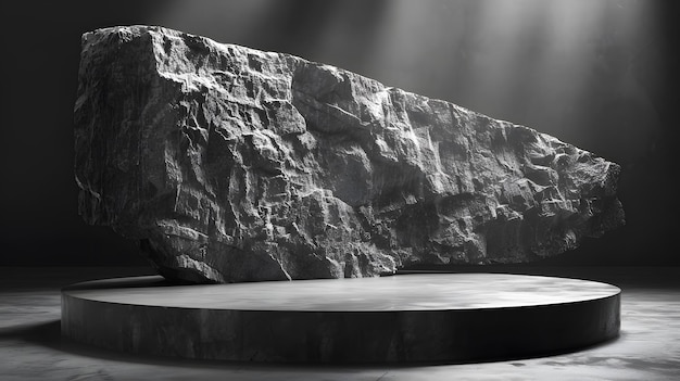 Minimalist sculpture display giant rough stone slab smooth circular platform dramatic contrast harsh