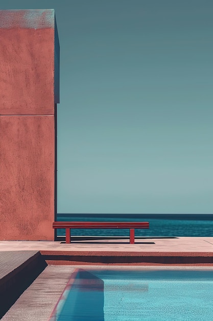 Photo minimalist seaside bench by pool against clear sky