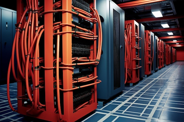 Minimalist server room with integrated server rack cable trays