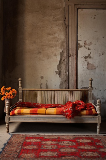 a minimalist setup of a traditional Pakistani Charpai woven bed