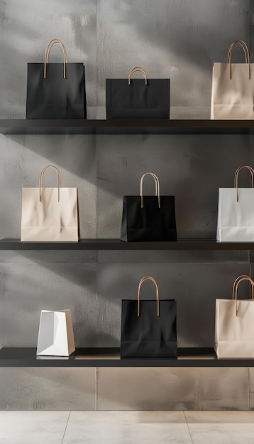 Minimalist Shopping Bags Display on Modern Shelving Unit for Stylish Retail Interior Design