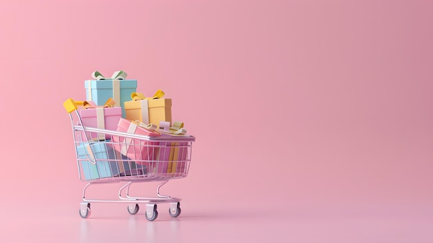 Minimalist shopping cart with pastel colored gift boxes on a pink background banner design for onlin