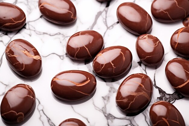 Minimalist shot of chocolate covered almonds scattered on a marble surface