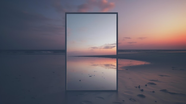 Minimalist Silver Frame Mirror With Beach Sunset Background