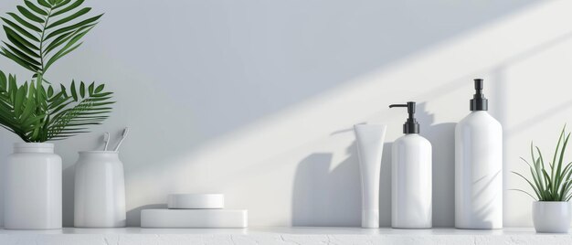 Minimalist skincare bottles lined up neatly against a crisp white wall