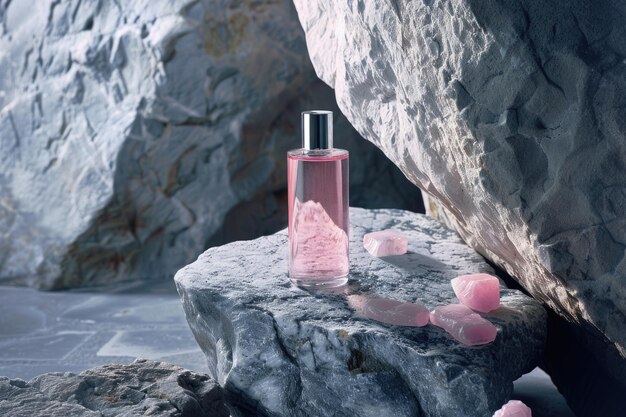 Photo minimalist skincare product displayed on natural stone with overhead lighting