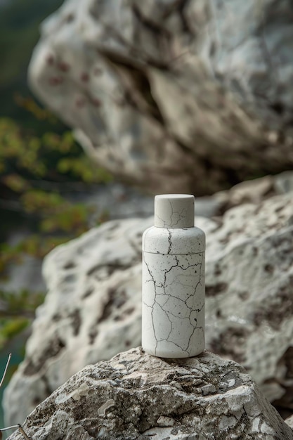 Photo minimalist skincare product displayed on natural stone with overhead lighting