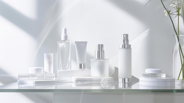 Minimalist Skincare Products on Glass Shelf with Soft Shadows AI Generative