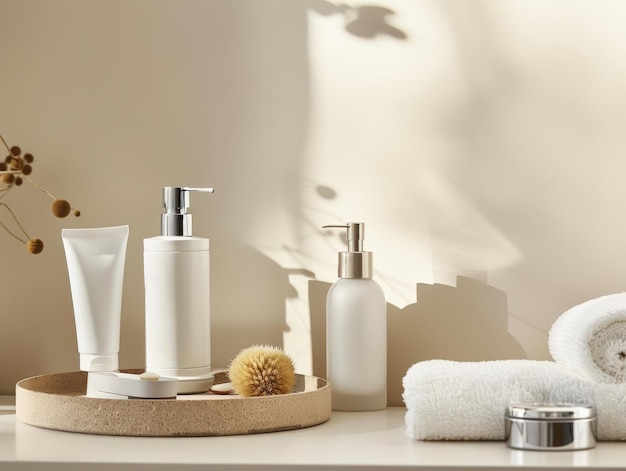 Minimalist Skincare Products with Towels and Dry Flowers in Sunlit Bathroom AI Generative