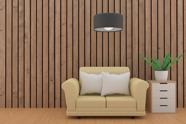 Minimalist sofa design with lamp and plant in wood plank room in 3D rendering