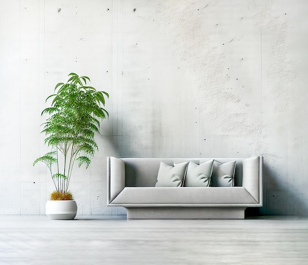 Minimalist sofa and plant with concrete background