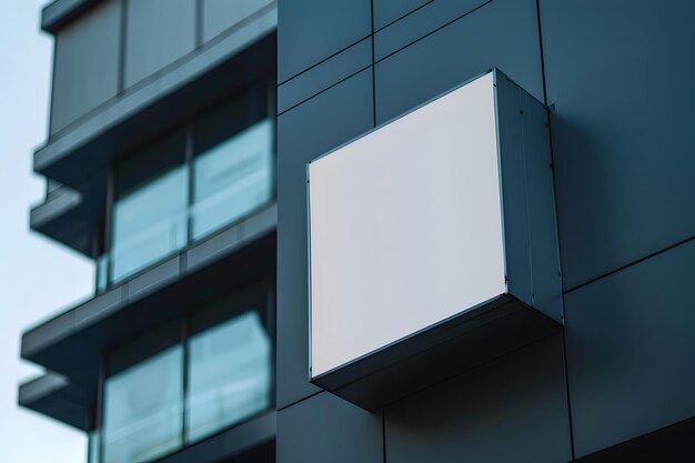 Photo minimalist square sign board logo mockup on top of a contemporary building facade