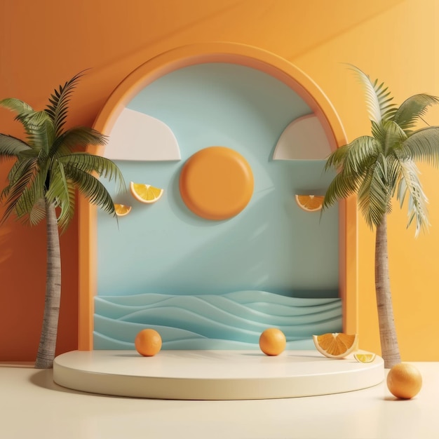 Minimalist stage design with an arch palm trees and orange fruit elements sea waves an orange sun