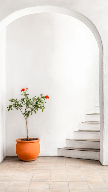 Photo minimalist staircase with potted plant in a mediterranean space