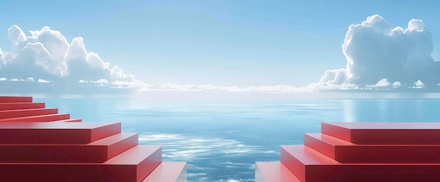 Minimalist Stairway Leading to the Ocean with Cloudy Sky