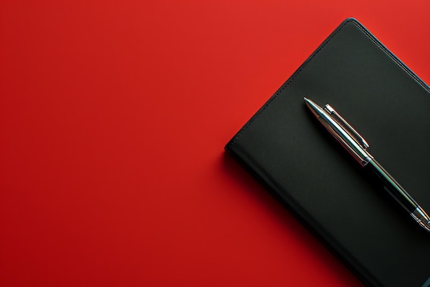 Minimalist Stationery Black Pen and Notebook on Red Background