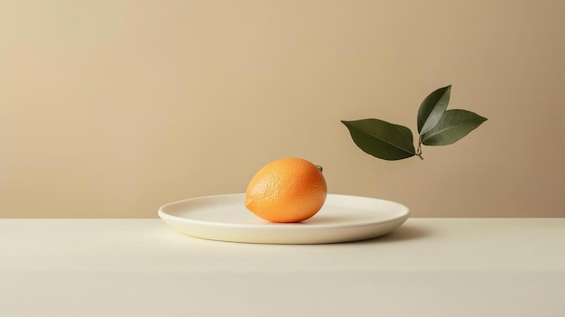 Photo minimalist still life photography with a single orange on a white plate