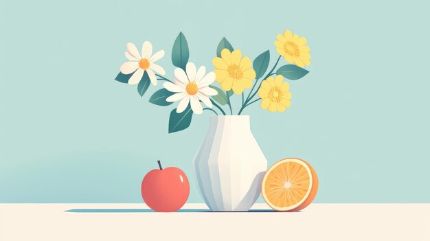 Photo minimalist still life with flowers in white vase apple and orange on light background