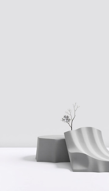 Photo minimalist still life with two white podiums and a small tree