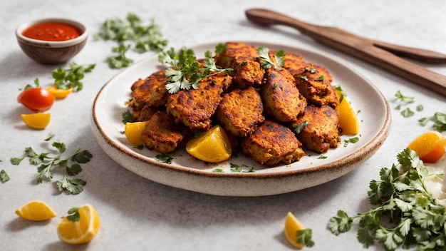 A minimalist stock photo featuring a perfectly arranged plate of Indian chicken tandoori on a clean