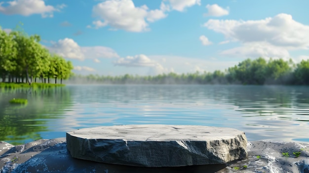 Minimalist stone podium by the lake with a serene water surface and lush greenery