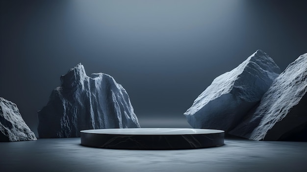 Minimalist Stone Podium for Product Presentation in Dark 3D Rendered Scene