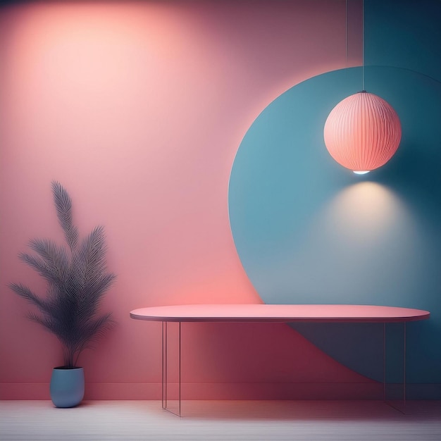 Minimalist studio background for YouTube with soft color wall two tables lamps and colored blur l