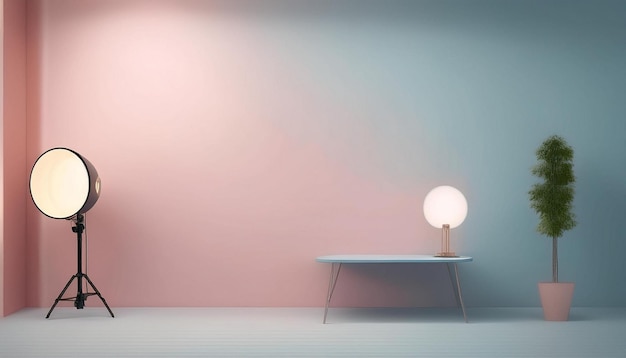 Photo minimalist studio background for youtube with soft color wall two tables lamps and colored blur l