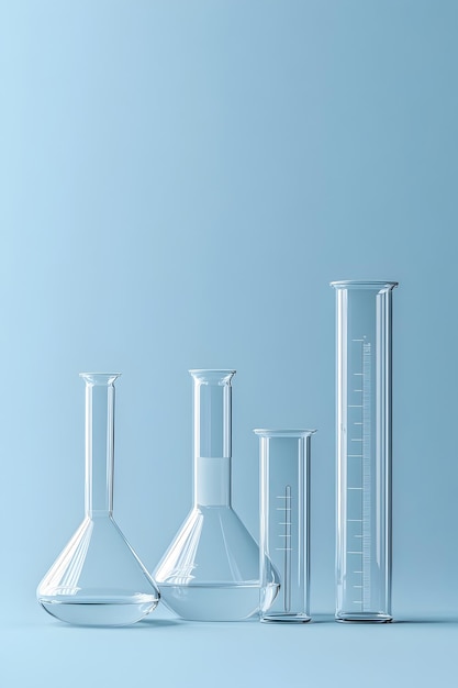 Photo minimalist studio shot of glass laboratory glassware on blue background