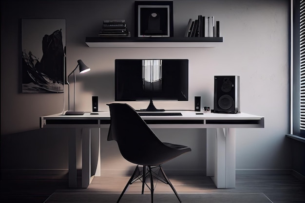 A minimalist study with a sleek and modern desk perfect for gaming