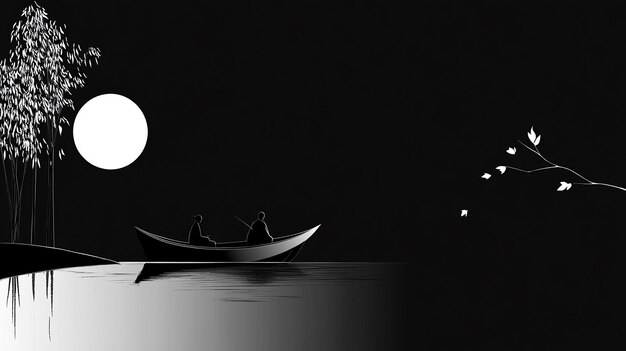 Photo minimalist style tranquil night mooring black background with a white moon and simplified river li