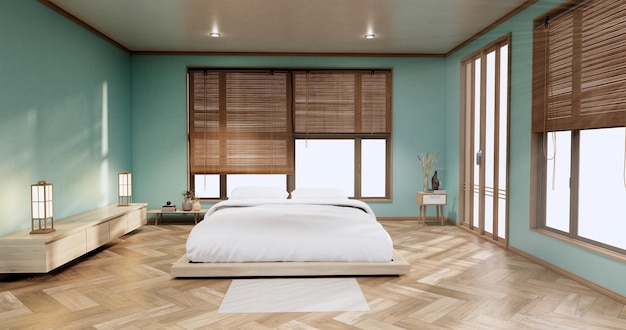 Minimalist Stylish interior of modern wooden room with comfortable bed.3D rendering