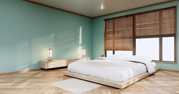 Minimalist Stylish interior of modern wooden room with comfortable bed.3D rendering