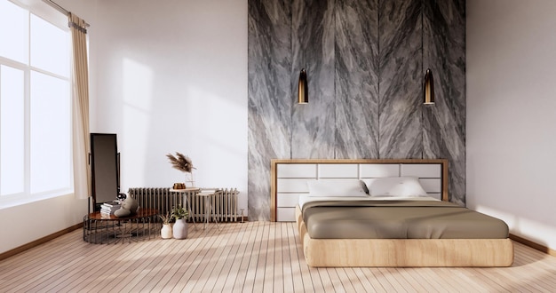 Minimalist Stylish interior of modern wooden room with comfortable bed.3D rendering