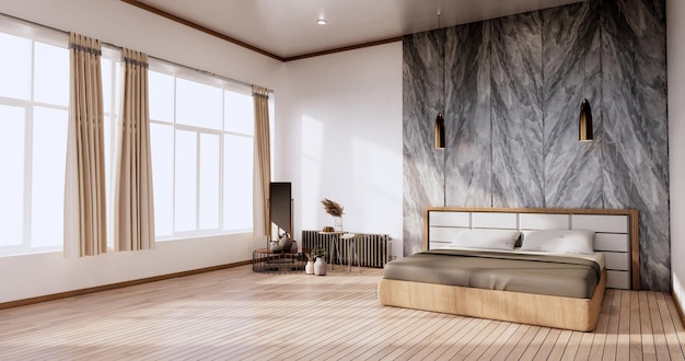 Minimalist Stylish interior of modern wooden room with comfortable bed.3D rendering