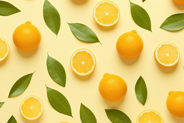 A minimalist summer pattern featuring oranges and green leaves placed on a soft yellow background T